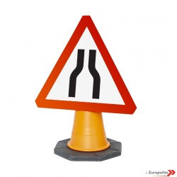 'Road Narrows Both Sides' - UK Temporary Road Sign: Cone Mounted
