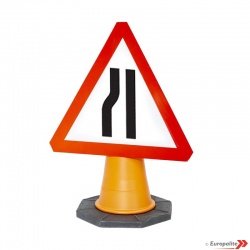 Road Narrows Left Traffic Cone Mounted Road Sign