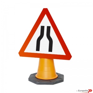 'Road Narrows Both Sides' - UK Temporary Road Sign: Cone Mounted