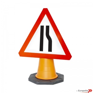 Road Narrows Right - UK Temporary Road Sign: Cone Mounted