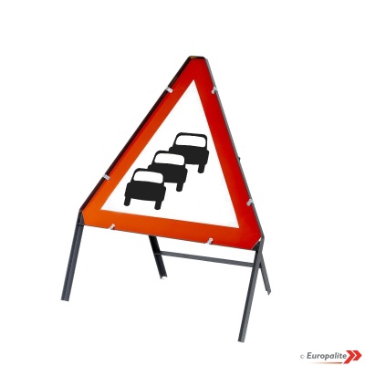 Queue Ahead Triangular Metal Road Sign With Frame & Clips